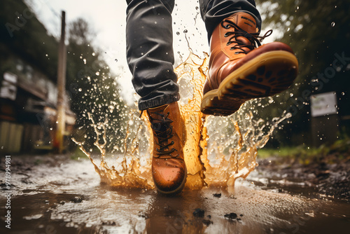 a pair of brown boots splashing in a puddle