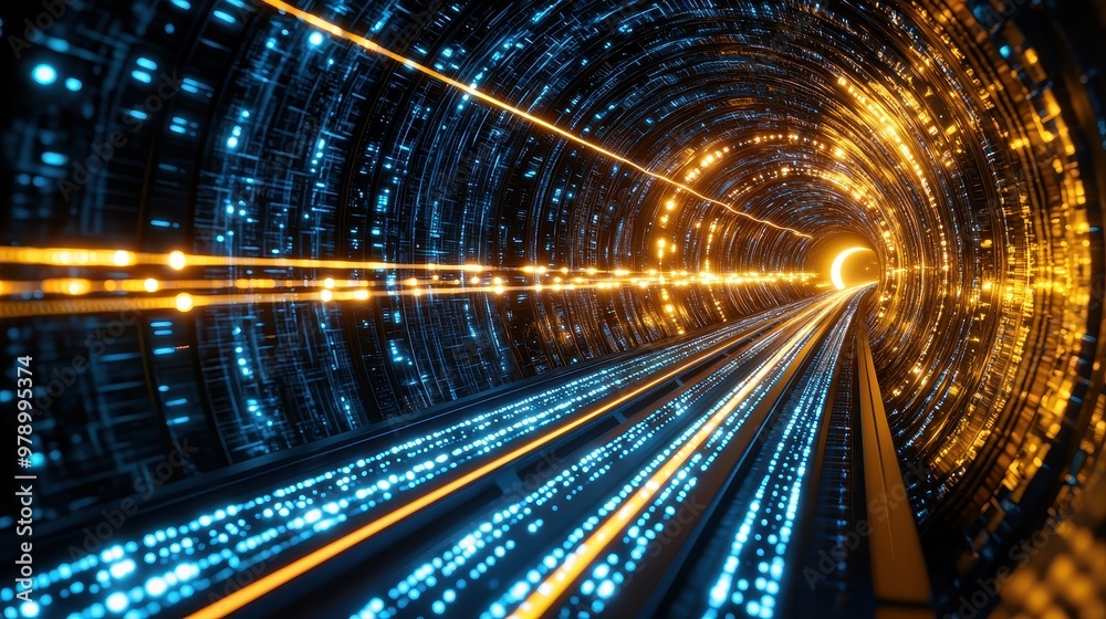 Futuristic Tunnel with Glowing Lights and Digital Lines Futuristic Tunnel with Glowing Lights and Digital Lines