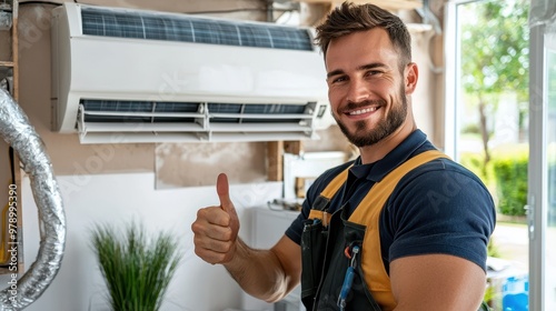 Happy HVAC Technician Giving Thumbs Up After Installing Air Conditioner