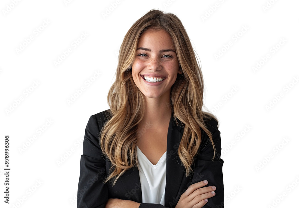 Young Business Woman with Arms Crossed, Wearing a Coat on a White Background Young Business Woman with Arms Crossed, Wearing a Coat on a White Background