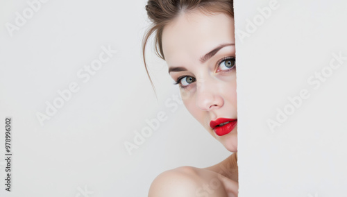 Close-up of a woman with striking red lips peeking from behind a white background in a minimalist artistic portrait