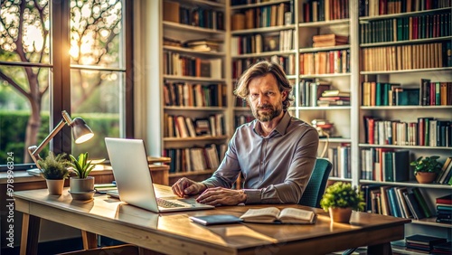 A personal portrait of a writer sitting at a desk in a home office, with a blurred backdrop of bookshelves.