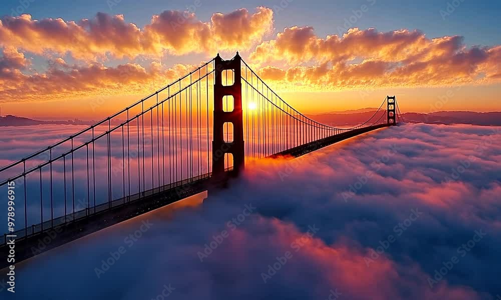 Golden Gate Bridge above the clouds at sunrise Golden Gate Bridge above the clouds at sunrise