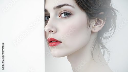 Elegant portrait of a woman with soft makeup and red lips in a minimalist setting with a white background