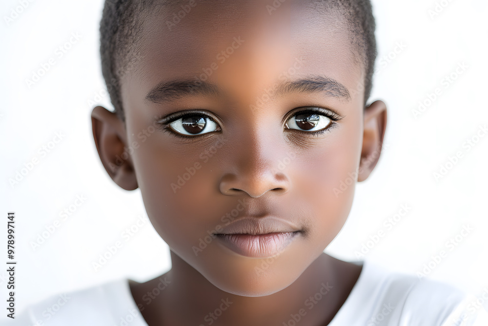 A close-up portrait of an African small boy with black skin against a white background A close-up portrait of an African small boy with black skin against a white background