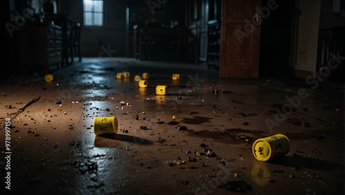 Forensic Evidence Markers in a Dimly Lit Room – Crime Scene Photography photo