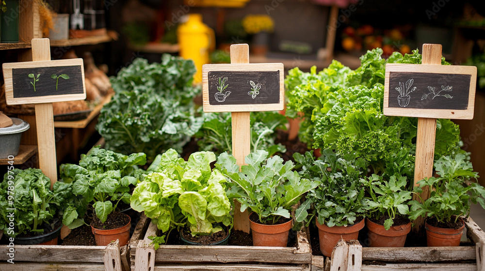 Fototapeta premium Vibrant green crops in a rustic market setting