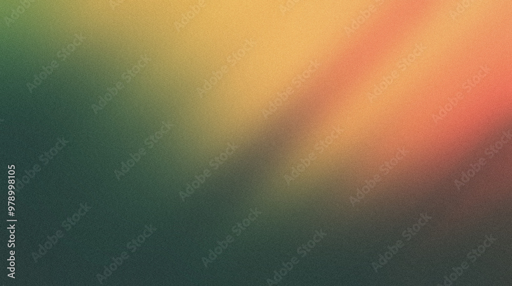 Obraz premium Soft diagonal gradient from coral orange to light yellow, fading into a dark forest green background, noise texture effect