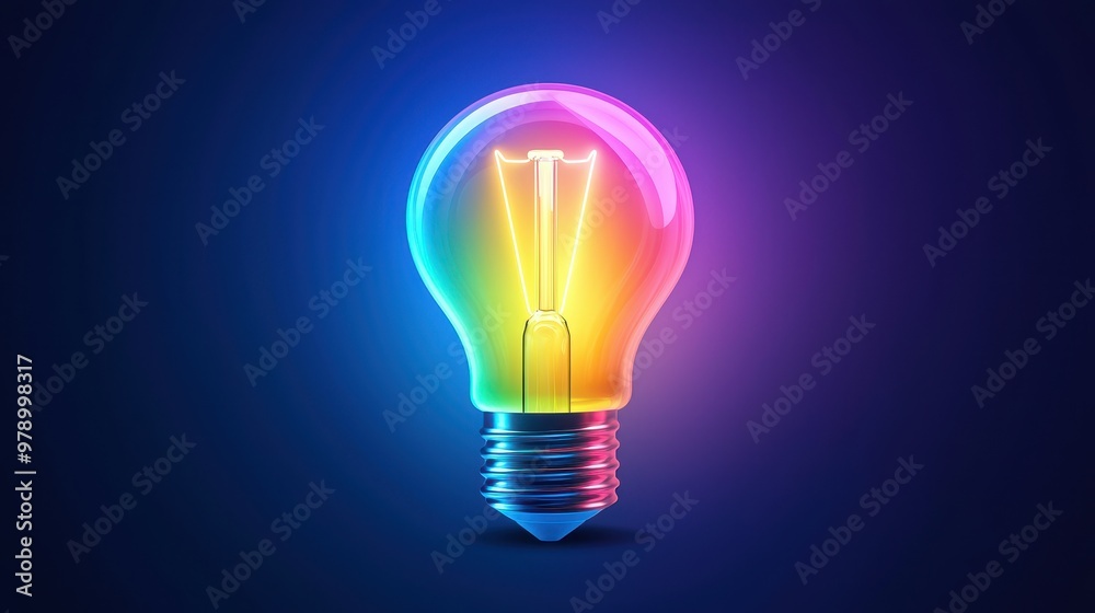 Glowing Light Bulb With Colorful Rainbow Gradient On Dark Blue Background Glowing Light Bulb With Colorful Rainbow Gradient On Dark Blue Background