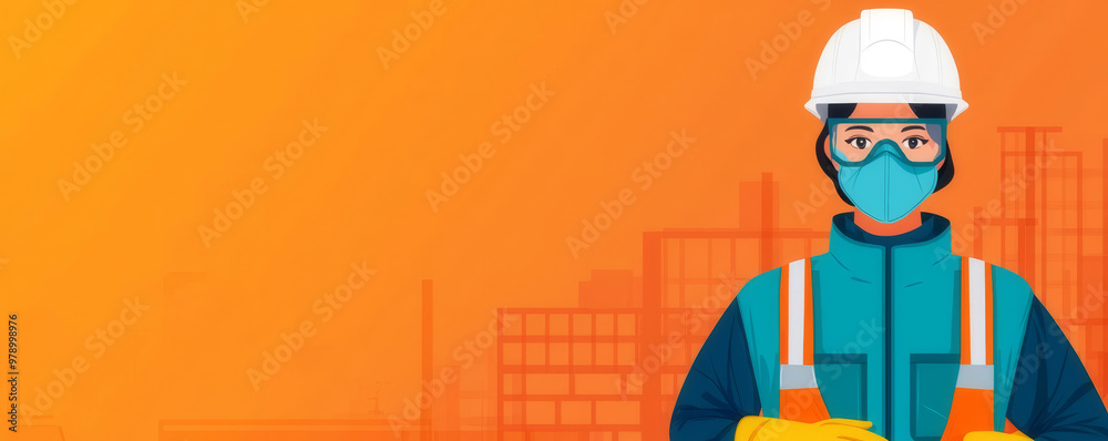 Fototapeta premium Employee in protective overalls and gloves, working environment, flat design illustration