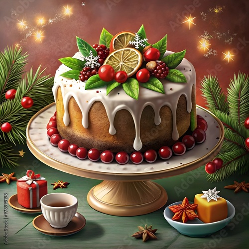 christmas cake festive holiday fruitcake iced flav photo