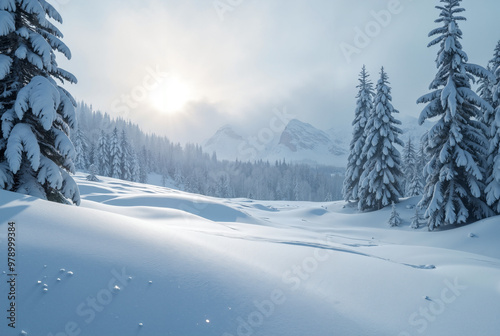 Serene Winter Wonderland: Snowy Landscape for Travel Brochures, Holiday Marketing, and Outdoor Adventure Campaigns