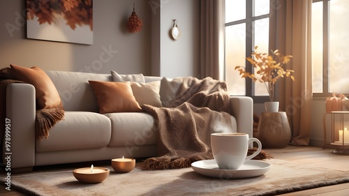 A cozy armchair in a warmly decorated living room, with a cup of hot coffee or tea resting on a side table next to the chair. The scene is set for a relaxing holiday morning, with autumn or winter