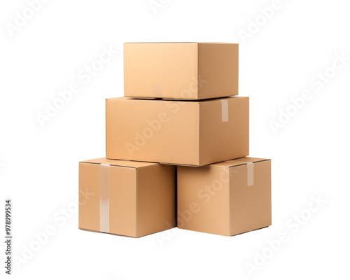 Stacks of brown cardboard boxes on a white background, ideal for ideas about storage or packaging. neutral, functional, secluded, and well organized. Generative AI