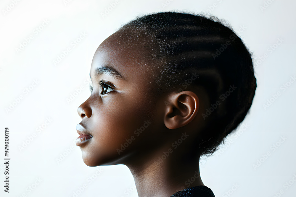 A close-up side view portrait of an African child girl with black skin against a white background, A close-up side view portrait of an African child girl with black skin against a white background,