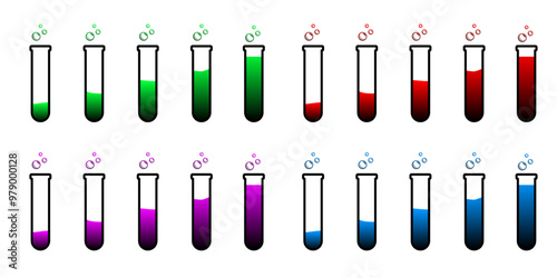Set of glass bottles. Different color potion flat style on white background. Vector illustration. Design elements for game collection.