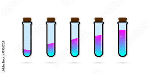 Set of glass bottles. Different color potion flat style on white background. Vector illustration. Design elements for game collection.