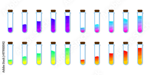Set of glass bottles. Different color potion flat style on white background. Vector illustration. Design elements for game collection.