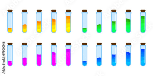 Set of glass bottles. Different color potion flat style on white background. Vector illustration. Design elements for game collection.