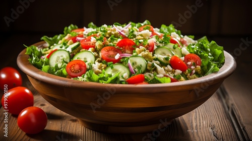 Fresh vegetable salad with tomatoes and cucumbers in a wooden bowl on a rustic table