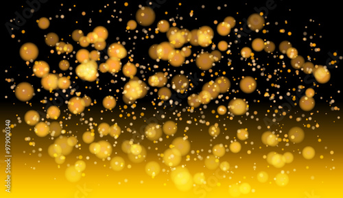 Image shows a golden bokeh light effect with numerous circles of varying sizes against a black background, transitioning to gold at the bottom. Concept of festive or celebratory decoration