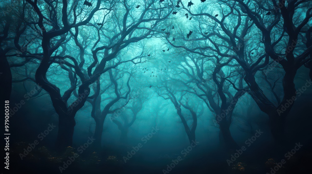Obraz premium A haunted forest with twisted, skeletal trees, glowing vampire eyes peering through the darkness as bats swarm overhead