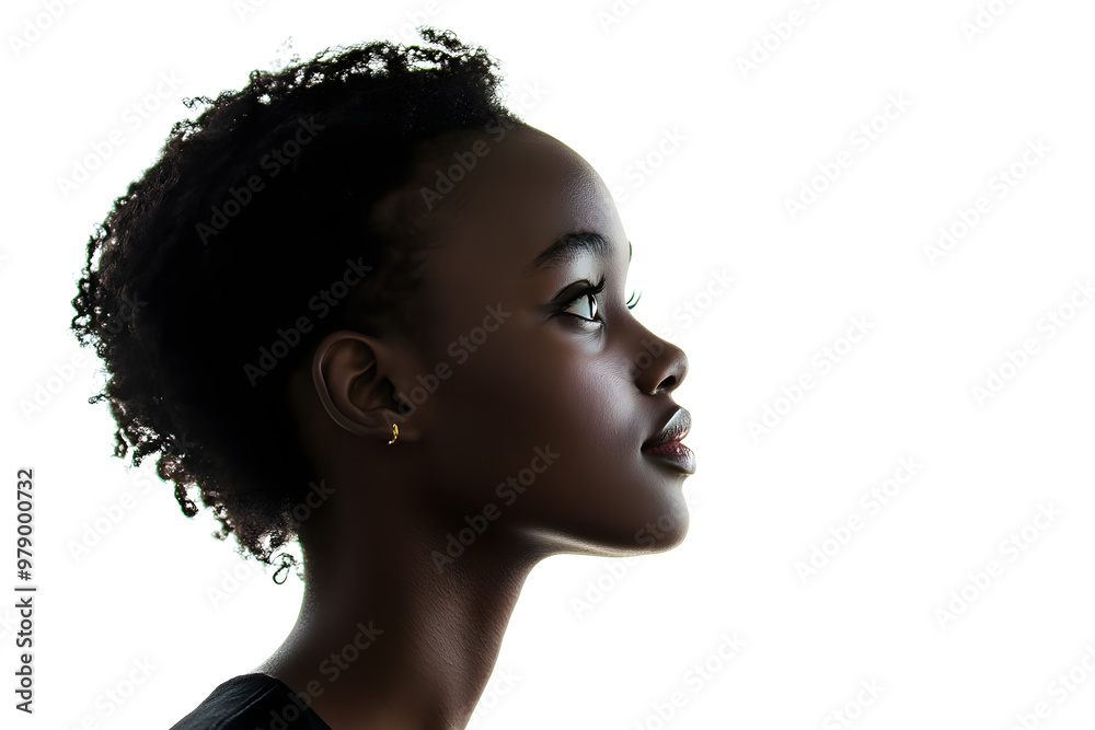 Close-up side view portrait of smiling beautiful African woman with radiant dark skin isolated on white background Close-up side view portrait of smiling beautiful African woman with radiant dark skin isolated on white background