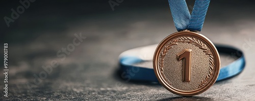 bronze medal with a blue ribbon, symbolizing achievement and victory in competitions and sports events. photo