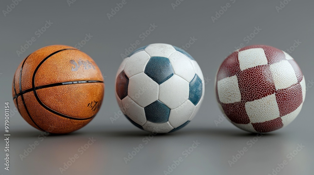 Basketball, Soccer Ball, and Rugby Ball in a Row Basketball, Soccer Ball, and Rugby Ball in a Row