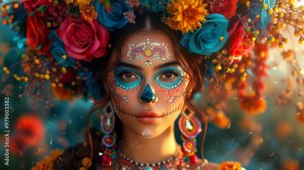 Dia de los Muertos, Mexican holiday. a beautiful woman with day of the dead face art, full body portrait, flowers in hair, blue and red roses, digital painting, vibrant colors, fantasy cinematic backg Dia de los Muertos, Mexican holiday. a beautiful woman with day of the dead face art, full body portrait, flowers in hair, blue and red roses, digital painting, vibrant colors, fantasy cinematic backg