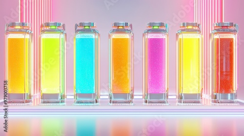 Colorful Glass Bottles with Pink Neon Light Background