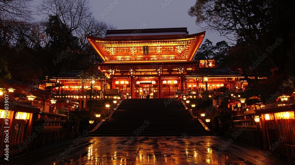 Obraz premium Illuminated Japanese Temple at Night with Stone Steps and Lantern Lights