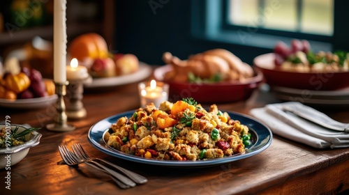 A historic Thanksgiving feast set in a colonialstyle dining room, with traditional stuffing, turkey, and candlelight illuminating the scene photo