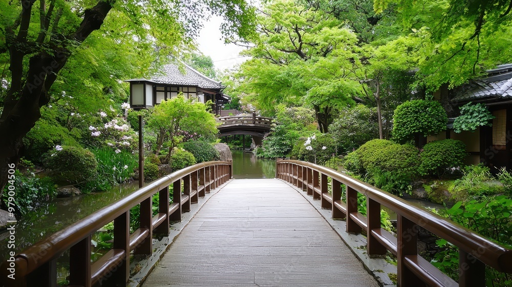 Tranquil Japanese Garden Bridge Pathway with Lush Greenery Tranquil Japanese Garden Bridge Pathway with Lush Greenery