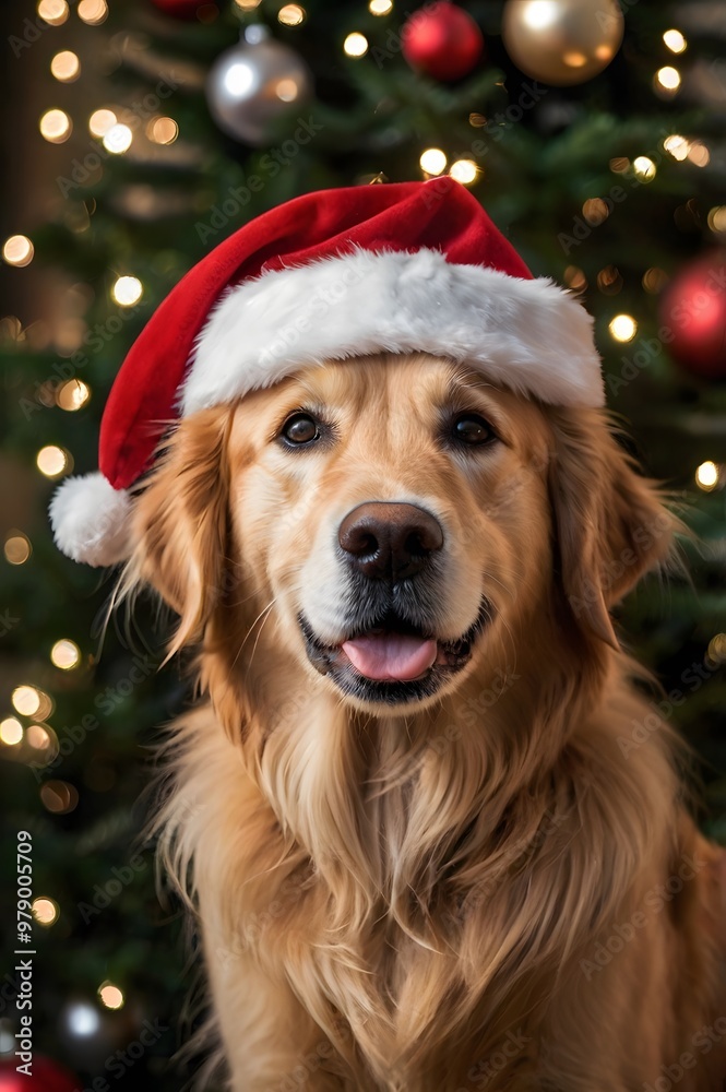 Adorable happy Golden Retriever Wearing Santa Hat with Blurred Christmas Tree Lights background. Generative AI Adorable happy Golden Retriever Wearing Santa Hat with Blurred Christmas Tree Lights background. Generative AI