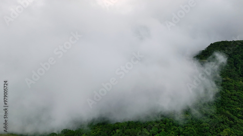 Aerial view of lush tropical forest and misty mountains under cloudy skies, Paranabi, Ilhabela, Brazil. photo