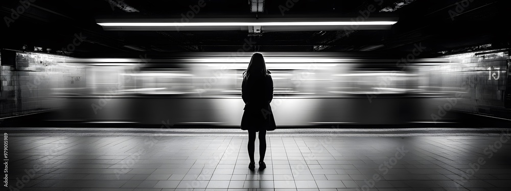 Fototapeta premium A woman stands on the platform of an underground station, holding her handbag and waiting for the train to arrive