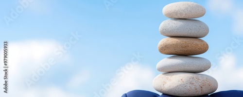 A serene stack of smooth stones against a clear blue sky, symbolizing balance and tranquility in nature and wellness. photo