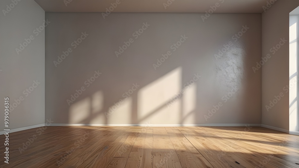 Fototapeta premium Creative interior concept. Abstract white light room and oak wooden flooring with interesting light shadow from window. Template for product presentation. Mock up 3D rendering