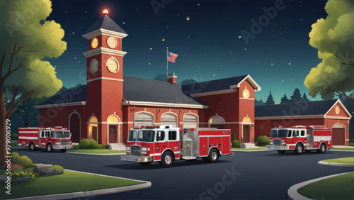 Whimsical Cartoon Fire Station with Cute Fire Trucks, Moonlit Sky, and Adorable Firefighters