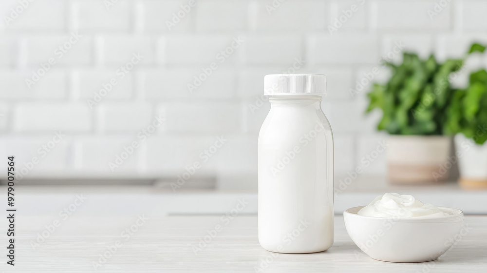A yogurt bottle and a bowl of yogurt placed on a clean white countertop in a minimalistic modern kitchen.
A yogurt bottle and a bowl of yogurt placed on a clean white countertop in a minimalistic modern kitchen.