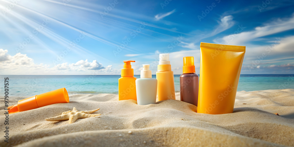 Sunblock products scattered on sandy beach, sunscreen, lotion, protective, SPF, beach, summer, vacation, skincare, beauty Sunblock products scattered on sandy beach, sunscreen, lotion, protective, SPF, beach, summer, vacation, skincare, beauty