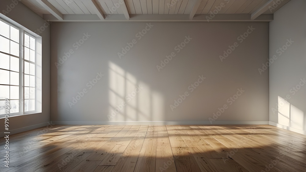 Obraz premium Creative interior concept. Abstract white light room and oak wooden flooring with interesting light shadow from window. Template for product presentation. Mock up 3D rendering