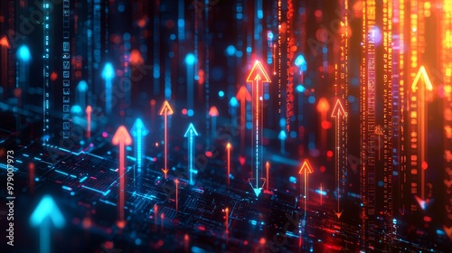 Digital background featuring glowing arrows pointing upwards on digital charts  representing business growth and technology development.