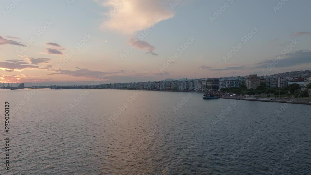 Drone flying towards Thessaloniki, Greece over the sea at sunset Drone flying towards Thessaloniki, Greece over the sea at sunset