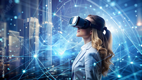 Woman exploring virtual reality in digital transformation for next generation technology era