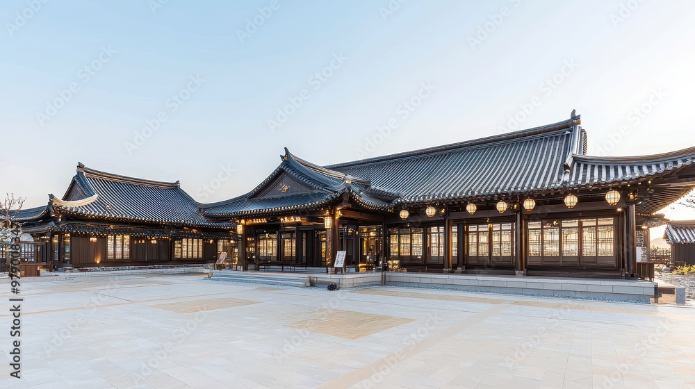 Traditional Korean Architecture with Curved Roof and Stone Floor Traditional Korean Architecture with Curved Roof and Stone Floor