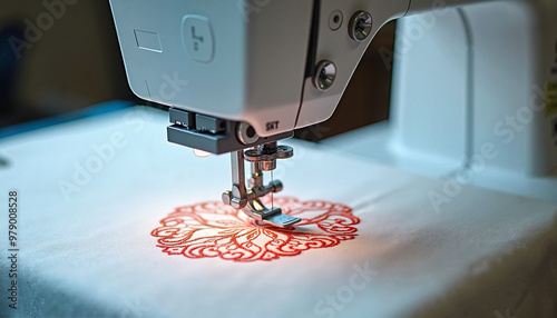Sewing machine embroidering red floral pattern on white fabric in close-up view
