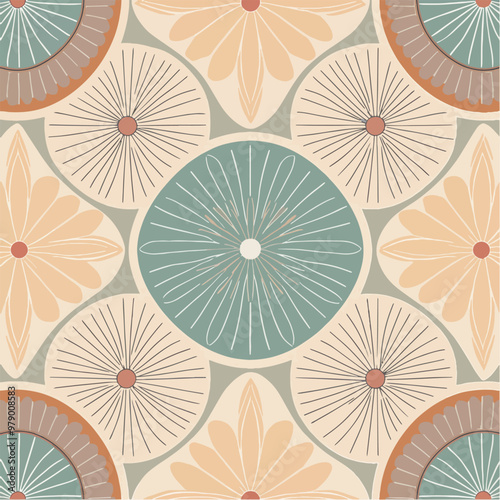 Seamless vintage floral pattern with circular motifs in soft pastel tones
