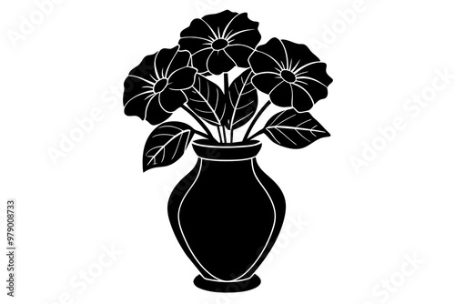 Petunia vase vector linocut silhouette black vector art illustration